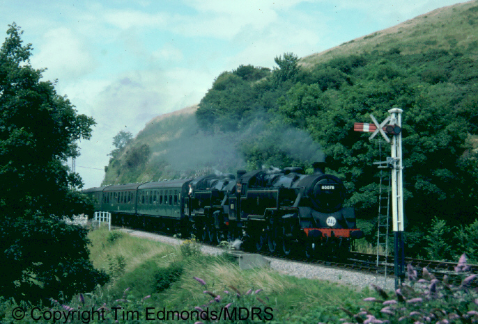 80072 and 80104 arriving at Corfe Castle